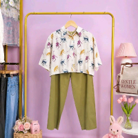 ONE SET Setelan Pajamas Korean Cute Monkey Olive Pants Premium Wanita