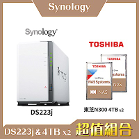 Synology DS223j 2Bay NAS 網路儲存伺服器＋TOSHIBA  N300 3.5吋 4TB-兩入組