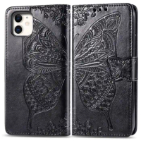 iP11 Cute Butterfly Case for Apple iPhone 11 (6.1in) Cover Flip Leather Wallet Book Black Phone Bag for iPhone11