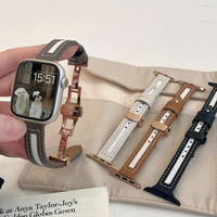 apple watch 帆布 撞色 皮革 蝴蝶扣 彈扣 細款 杏色 錶帶 表帶 ❚ 4色 手錶配件 38/42mm全型號