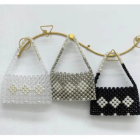 2023 Crystal Beaded Transparent Bag Square Mobile Phone Jelly Purse Niche Hand-woven Pearl Clear Purses Handbags