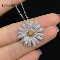 LUOWEND 18K White Gold Necklace Romantic Flower Design Real Natural Yellow Diamond Pendant Necklace for Women Wedding Jewelry