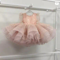 Childen's Puffy Flower Girl Dresses Glitter Sequins Tulle Evening Party Fluffy Skirt Ball Gown Communion Kid Toddler Tutu