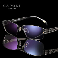 CAPONI Computer Glasses Men Anti Blue Light Photochromic Gray Eyeglasses 100% Pure Titanium Full Frame Glasses For Male BF1172