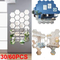 30/60Pc 3D Hexagonal Mirror Ceramic Tile Wall Sticker Self Adhesive Art Home Decoration