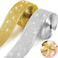50mm Christmas Ribbon Wired Edge Glitter Ribbon for Gift Wrapping Xmas Tree Bowknot Wreath Ornament Decoration