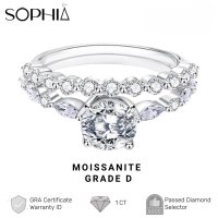 SOPHIA Set Moissanite Wanita 1 Karat, Dua Cincin, Cincin Berlian Berkilau, Cincin Perak Asli, Perhia