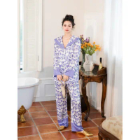 Women's Satin Pajama Set Purple Print Spring Autumn Ladies Sleepwear Long Sleeve Silk Like Turn Down Collar Pijama For Female