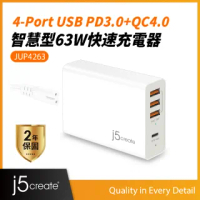 【j5create 凱捷】4-Port USB PD3.0+QC4.0智慧型63W快速充電器-JUP4263
