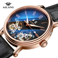 AILANG Luxury Double Tourbillon Mechanical Watches Mens Rose Gold Case Leather Waterproof Luminous Fashion Automatic Watch
