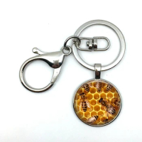 2018/fashion hot bee pattern glass pendant key chain, men's and women's waist ornaments keychain jewelry.