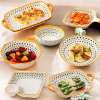 Piring Keramik Yelo D Peralatan Makan Keramik Mewah Motif Bintik Polkadot Biru Kuning Piring Mangkok