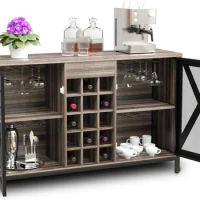 GentProd Industrial Bar Cabinet, Liquor or Coffee Bar Cabinet with Farmhouse Metal Doors, Bar Cabinet with Storage, Wine Glass