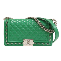 CHANEL 香奈兒【激安價】 綠色 牛皮 菱格紋 BOY25 肩背包 銀扣 【二手名牌BRAND OFF】