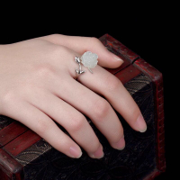 S925純銀復古鑲嵌和田玉白玉玫瑰花女士款開口戒指指環