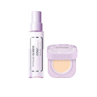【MAYBELLINE 媚比琳】定妝噴霧x裸霧光氣墊 裸霧光無瑕氣墊水凝粉餅+超持久極細雙效定妝噴霧(小方塊)