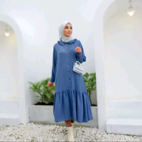 Alya MIDI Dress Blue, White & Sage - Gamis Basic Crinkle Dewasa Casual - Muslim, Panjang - Keren, Wa