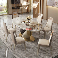 Light luxury dining table and chair combination household simple oval dining table post-modern Hong Kong marble dining table