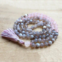 MN36768 Grey Agate Mala Beads 108 Meditation Beads Rose Quartz Mala Necklace Yoga Jewelry Tassel Necklace Boho Necklace