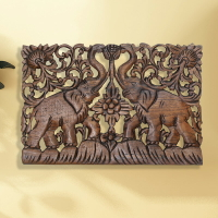 泰國實木雕刻大象雕花板復古墻飾招財壁飾東南亞風格裝飾木雕壁掛