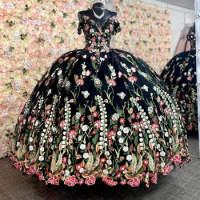 Secret Garden Princess Mexican Quinceanera Dress Black Embroidery Floral Vestidos De 15 Años Wedding Party Gown