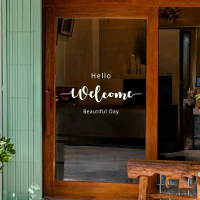 Decal Dán cửa kính quán cafe, spa nail ,cửa hàng quần ,áo tiệm hoa… Hello Welcome Beautiful Day