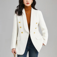 Elegant Fashion Blazers Suits For Women White Black Coats Winter Notched Collar Suit Long Sleeve Tweed Coat Office Lady Blazer