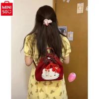MINISO Cute Cartoon Hello Kitty Retro Red Plaid Plush Backpack Student Academy Style