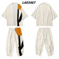 Beige Print Chinese Style 2pcs Suit Loose Japanese Samurai Harajuku Kimono Cardigan Women Men Cosplay Yukata Tops Pants Set