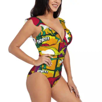 Women Dinosaurs Comic Pop Art One Piece Swimwear Sexy Ruffle Swimsuit Summer Beach Wear Slimming Bathing Suit