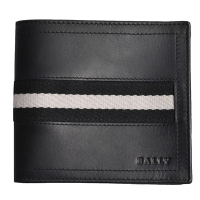 BALLY TRIDEK 經典黑白條紋織帶皮革對折證照短夾(黑)