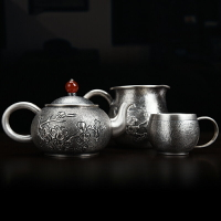 泰安銀業純銀茶具s999銀壺泡茶壺功夫茶具套裝做舊寒梅迎春銀壺
