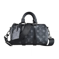 【Louis Vuitton 路易威登】LV M46271 KEEPALL縮寫LOGO印花Eclipse塗層帆布拉鍊手提斜背包(灰黑)