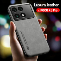 Case For Poco X6 Pro Leather Magnetic PU Car Holder Coque For Poco X6 Pro Cover Silicone Bumper Shockproof Protection Shell
