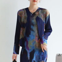 7533-7729 One Size (45-75kg) Early Spring Sanzhai Pleated Printing And Dyeing Cardigan Dress Suit