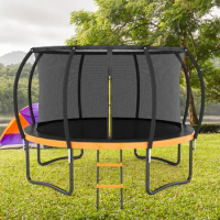 12FT Outdoor Big Trampoline With Inner Safety Enclosure Net, Ladder, PVC Spring Cover Padding, For Kids, Black&amp;Orange Color