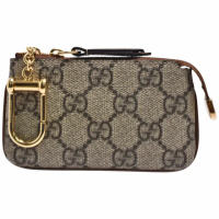 【GUCCI 古馳】GUCCI 經典Supreme帆布牛皮飾邊拉鍊鑰匙/零錢包(烏木色779809-KHNKG-8534)