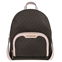 MICHAEL KORS Jaycee 中款金字Logo滿版MK雙層後背包(咖啡裸粉色/中)
