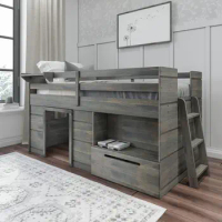 Loft Bed Twin Size, Solid Wood Low Loft Bed with Storage Drawer and Ladder, Modern Farmhouse Loft Bed for Kids
