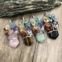 5PCS 7 Chakra Tree Of Live Wire Wrapped Large Sword Shape Natural Gems Stone Crystal Rose Quartzs Necklace Pendant MY220627