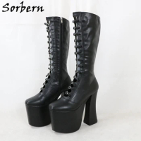 Sorbern Black Matte Knee High Women Boots Gladiator Style Thick Block Heel Shoes Custom Boot Size 33-48 Multi Colors