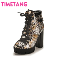 TIMETANG New Western Knight Style Women Ankle Boots Lace-up Cool Riding Chukka Thick Platform Chunky Heels Woman Shoes Worker