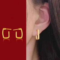 Pure 24K Yellow Gold Earrings Women 999 Gold Geometry Stud Earrings 3D Hard Gold Earrings
