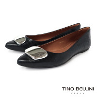 【TINO BELLINI 貝里尼】巴西進口牛皮紋理造型飾釦平底鞋FWBV033(黑)