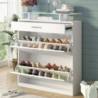Slim Free Standing Shoe Rack,with 2 Flip Drawers, Tempered Glass Top Shoe Storage Cabinet with Drawer(White)