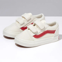 【VANS 官方旗艦】Old Skool V 小童款米白色/紅色條紋滑板鞋