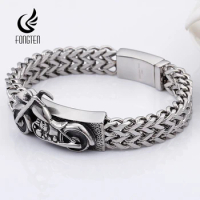 Fongten 22cm Mesh Chain Bracelet For Men Stainless Steel Motorcycle Chain Charm Man Bangle Bracelets Hiphop Silver Color Jewelry