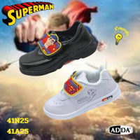ADDA รองเท้านักเรียนหนังดำ รองเท้าผ้าใบอนุบาล ลายSuperman มีไฟกระพริบ รุ่น 41A25/41N25