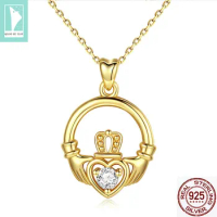 925 Silver Friendship Loyalty Love Claddagh Necklace For Women Gold Rhinestone Heart Gold