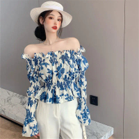 New  Perancis chic one-shoulder top wanita  baru blus bunga chic off-the-shoulder lengan panjang blu